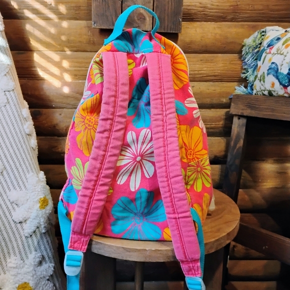 Vintage OP Bright Flowers Backpack Canvas Pink Blue Orange Happy Floral - Picture 3 of 10
